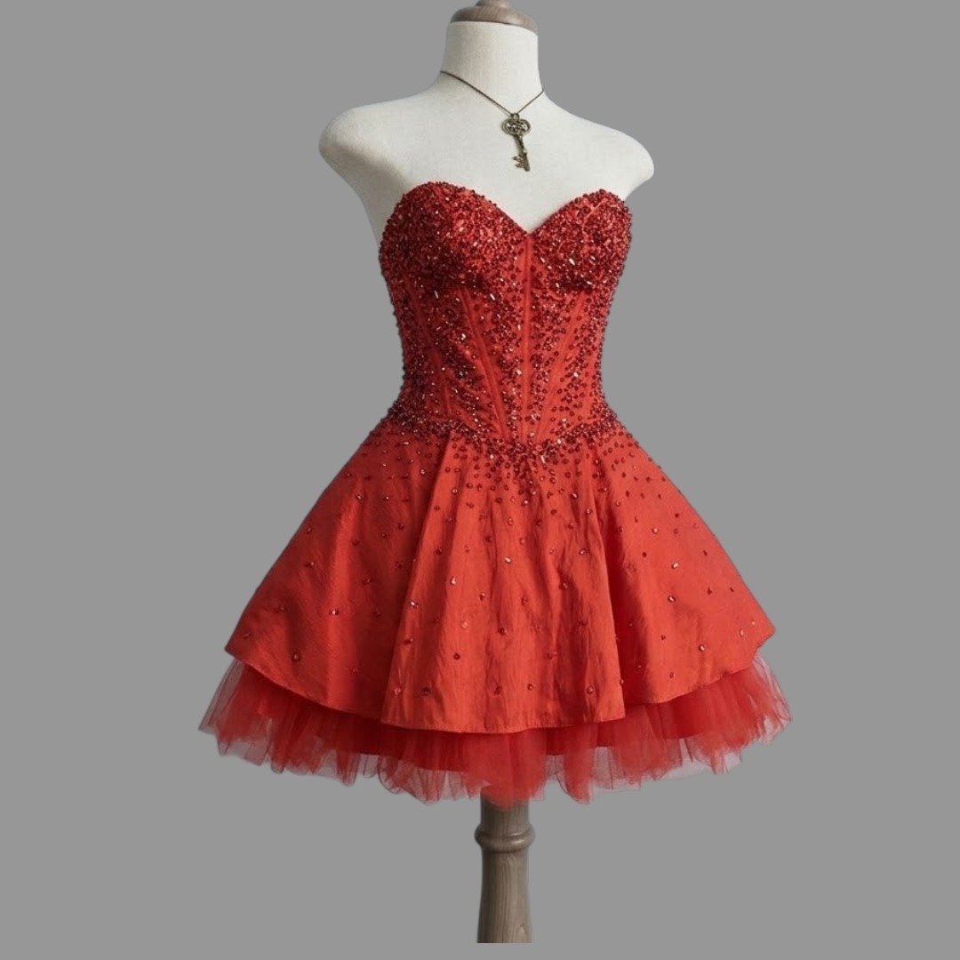 Red Sequin Beaded Corset Tulle Mini Dress Size 6 Homecoming Formal Party